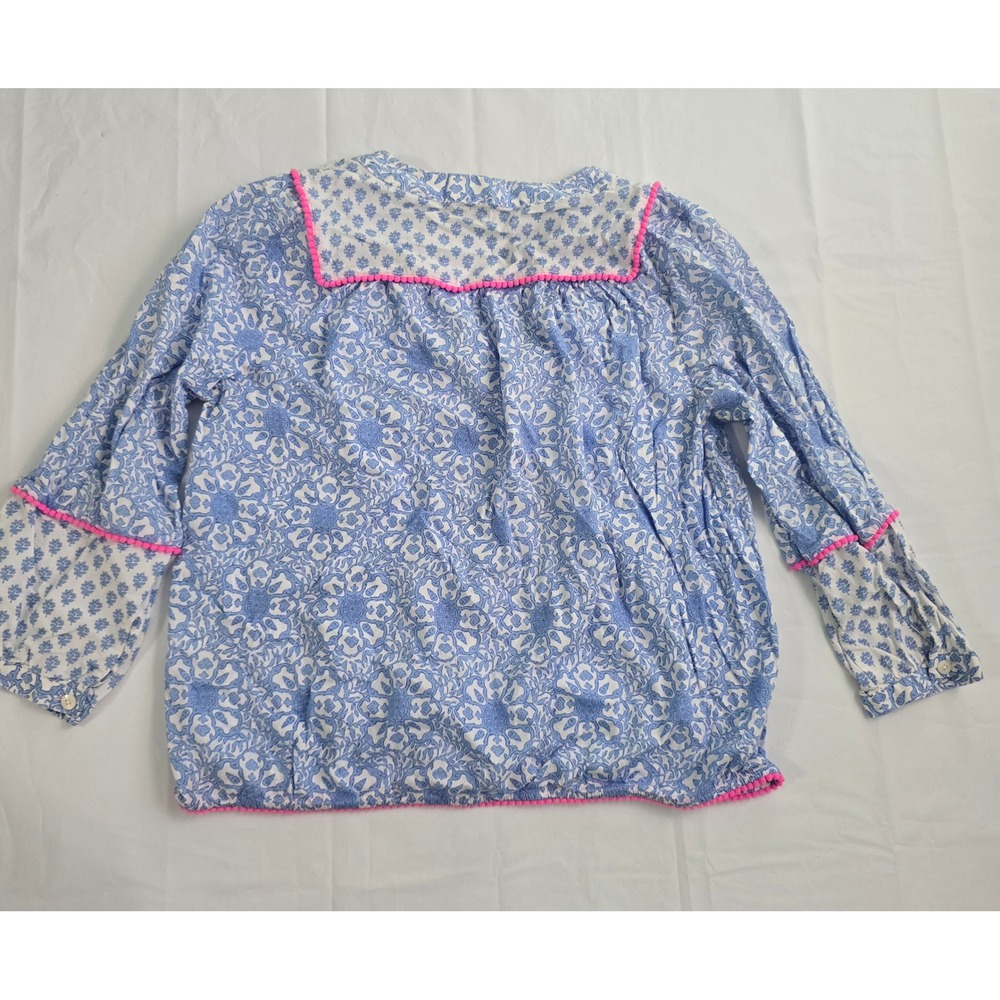 Vineyard Vines Blue White Block Print Pom Pom Trim Blouse Top XS 2K001306 - Picture 11 of 15